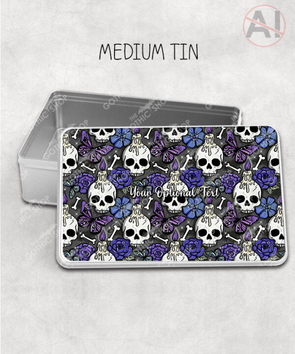 gothic skulls, butterflies and purple rose personalised storage tin