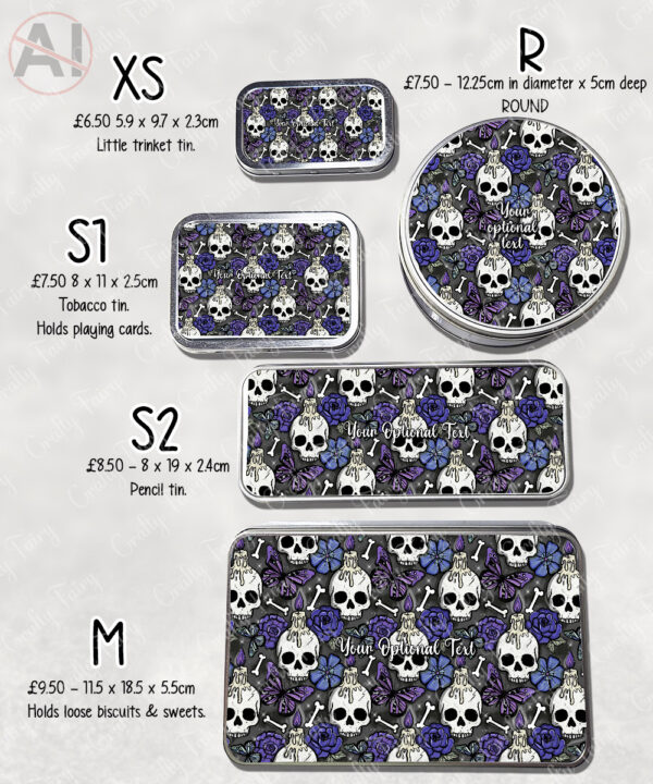 gothic skulls, butterflies and purple rose personalised storage tin