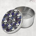 gothic skulls, butterflies and purple rose personalised storage tin