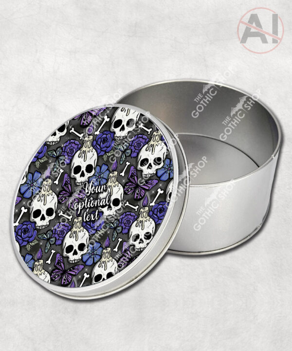 gothic skulls, butterflies and purple rose personalised storage tin