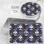 gothic skulls, butterflies and purple rose personalised storage tin