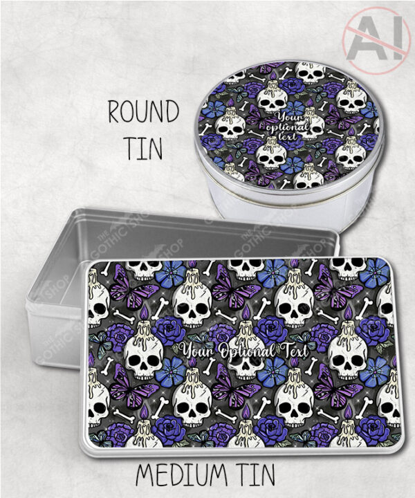 gothic skulls, butterflies and purple rose personalised storage tin