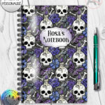 gothic skulls, butterflies and purple rose personalised notebook journal
