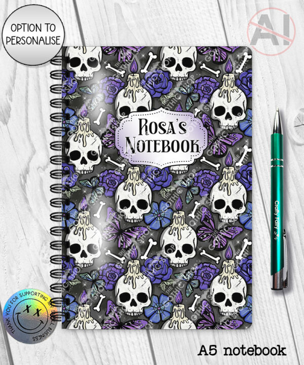 gothic skulls, butterflies and purple rose personalised notebook journal