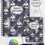 gothic skulls, butterflies and purple rose personalised notebook journal
