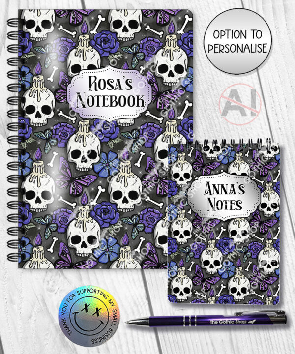 gothic skulls, butterflies and purple rose personalised notebook journal