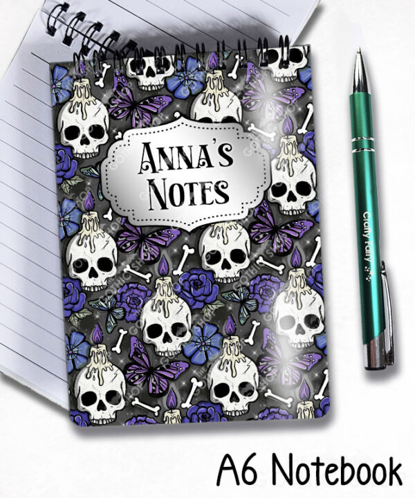 gothic skulls, butterflies and purple rose personalised notebook journal