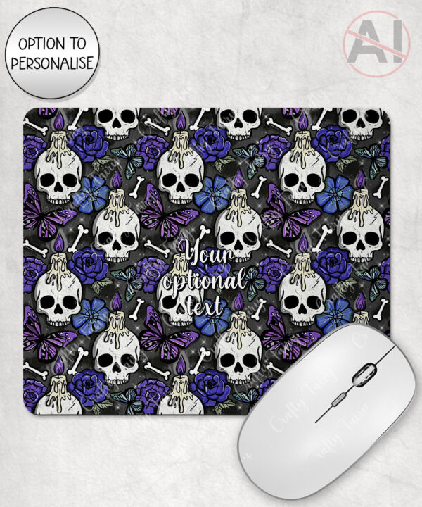 gothic skulls, butterflies and purple rose personalised mouse mat